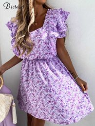 Casual Dresses DICLOUD Boho Floral Summer Dress For Women 2022 Elegant Lilac Light Beach Short Sundress Sexy V Neck Ruffle Print Party Vestidos G230322