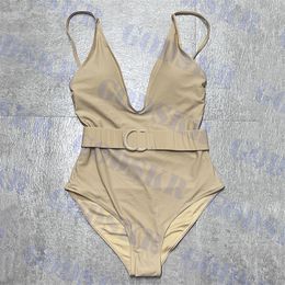 Khaki Swimsuit With Letter Badge Belt Deep V Neck Swimwear For Women Sexy Backless Bikini
