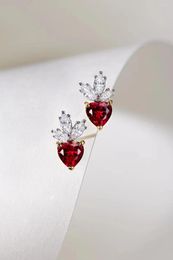 Stud Earrings Platinum Plated 925 Sterling Silver Synthetic Heart Gem Ruby Ear Earring For Women Luxury High Fashion Jewelry Accessories