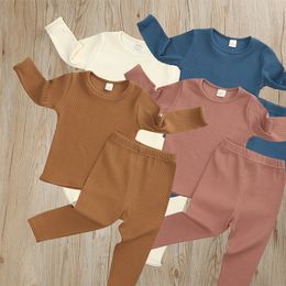 Pyjamas 2Pcs Solid Ribbed Knitting Boys Girls Pyjamas Sets Kids PulloverPants Cotton Clothes Long Sleepwear Tracksuit Costume 230322