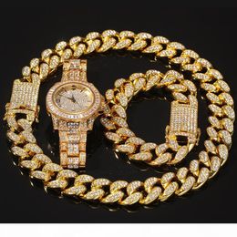 3-teiliges Set für Männer, Hip-Hop, kubanische Gliederkette, Icedoutbling-Gold, Halskette, Armbänder, Uhr, mm Breite, kubanische Cha-Halsketten, Charm-Schmuck, Geschenke