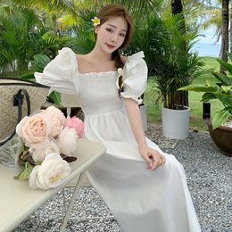 Casual Dresses Fashion Korean Style Women Retro Square Collar Backless Midi Dress Elegant Robe Sexy Street Clothes Female Vacation Beach