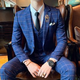 Men's Suits Blazers British Business Casual Solid Colour Plaid Suit Three-piece Korean Version of Youth Slim-fit Groom Man Unity Wedding Dress 230322