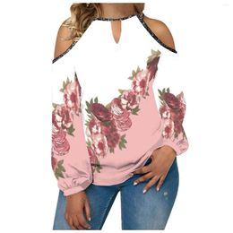 Women's T Shirts Women's Fashion Casual Temperament Flower Round Neck Off-shoulder Matching Color Long Sleeve T-shirt Top Camisas Mujer
