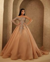 Champagne Ball Gown Evening Dresses One Long Sleeve Bateau Beaded Appliques Sequins Diamodns Ruffles Floor Length Prom Dress Formal Gown Plus Size Gowns Party Dress