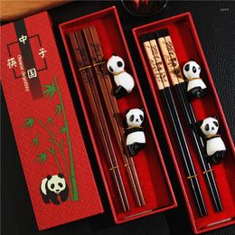 Chopsticks Natural Wooden Handmade Chinese Cutlery Tableware Set Panda Pattern Gift Dinnerware Environmental Protection Reusable