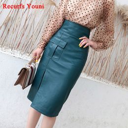 Skirts RY9332 Winter Women High Waist Genuine Leather 70cm Long Skirts Lady Blue/Black Split Sexy Wrap Saias OL Pencil Maxi Skirt 230322