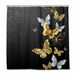 Shower Curtains Gold Butterflies Black Shower Curtain Polyester Fabric Bathroom Shower Curtains Waterproof Bathroom Curtains Set with Hooks 230322