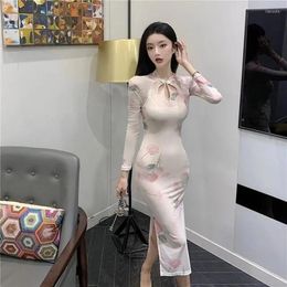 Ethnic Clothing Chinese Style Traditional Lace Qipao Printing Dress Lady Vintage Winter Elegant Cheongsams Women Chic Side Split Party