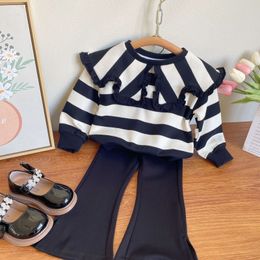 Clothing Sets LZH 2023 Spring Baby Clothes For Girls Outfit Kids Stripe Laple Sweater Flare Pants Two piece Suits Children 230322