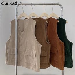 Women's Vests Women Cargo Vests Vintage Japanese Style Couple BF Buttons Outwear Pockets V-neck Corduroy Waistcoat Mori-girl All-match Clothes 230322