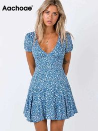 Casual Dresses Aachoae Women Elegant A Line Party Dresses Chic V Neck Short Sleeve Floral Printed Mini Dresses Ladies Holiday Party Dress G230322