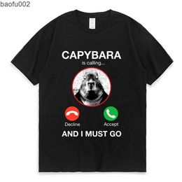 Men's T-Shirts Capybara Is Calling and I Must Go T Shirt Phone Graphic T-shirts Men Women Clothing 100% Cotton Short Sleeves Oversized Tees W0322