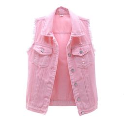 Women's Vests Autumn Women Denim Vest Sleeveless Waistcoat Students Casual Tops Jeans Jackets Red Pink Purple Yellow Blue White KW03 230322