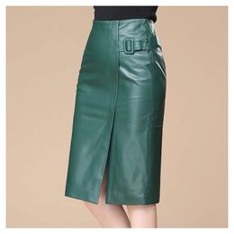 Skirts Midi Pencil Skirt For Women Korean Fashion Style Office Lady High Waist Genuine Leather Skirts Female Outwear 230322