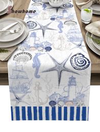 Table Runner Marine Texture Stripes Lighthouse Anchor Retro Table Runner Luxury Dinning Decor Placemat el Wedding Table Decor Tablecloth 230322