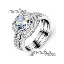 Rings Vecalon Fashion Ring Cushion Cut 3Ct Cz Diamond 3In1 Band Set For Women 10Kt White Gold Filled Engagement Drop Deliver Dhjkm