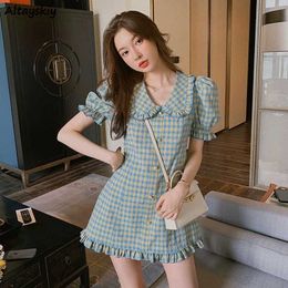 Casual Dresses Puff Sleeve Dresses Women Preppy Style Lovely Plaid Mini Club Ruffles Chic Design Female Korean Vacation College Maiden Vestidos G230322