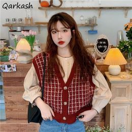 Women's Vests Plaid Knit Sweater Vest Women V-neck Single-breasted Tops Autumn Retro All-match Fashion Chic Casual Preppy Style Ulzzang 230322