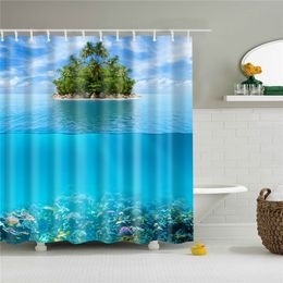 Shower Curtains Seaside Beach Shower Curtain 3D Coconut Tree Nature Scenery Bathroom Curtain Fabric Waterproof Polyester Bath Screen Curtain Set 230322