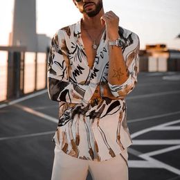 Men's Casual Shirts 2023 Mens Designer Streetwear Fashion Ink Printing Button Up Shirt Regular Fit Lapel Hawaiian Long Sleeve