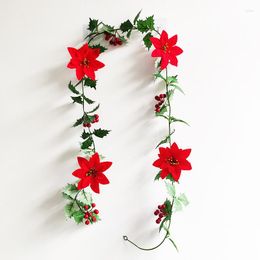 Decorative Flowers Christmas Fake Plants Red Flower And Green Leaves Vine Artificial Garland Festive Party Home Decoration Room Decor