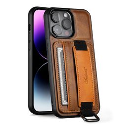 Wristband Leather Vogue Phone Case for iPhone 14 13 12 11 Pro Max XR XS Durable Card Slot Wallet Clutch Kickstand Business Back Cover with Finger Ring Holder