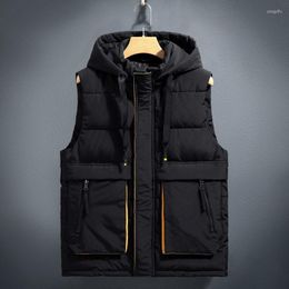 Men's Vests L-7XL Tooling Style Men Hooded Detachable Black Warm Waistcoat Loose Male Coat Fashion Sleeveless Heated Padded Jacket