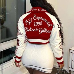 Women s Jackets Fashion Letter Print Patchwork Single Breasted Bomber Casual 2023 Spring Long Sleeve Short Coat Outerwear Varsity Jacket 230321