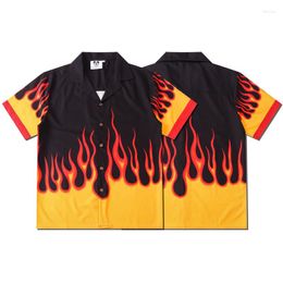 Men's Casual Shirts Vintage Men's Y2k Flame Print Short Sleeve Summer Thin Material Hawaiian Beach Shirt Streetwear Hip-hop