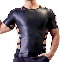 Undershirts Mens Faux Leather Shirts PU T Men Cut Out Elastic Band Tops Latex T-shirt Tees Stage Tee Sexy Party Clubwear