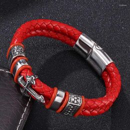 Charm Bracelets Punk Lucky Men Red Braided Leather Stainless Steel Cross Charms Cuff Bangles Fashion Women Jewelry Gift BB0099