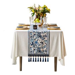 Table Runner Chinese Traditional Blue White Table Runner Floral Wedding Table Runners With Fringes Home Bridal Shower Decor Dining Clothes 230322