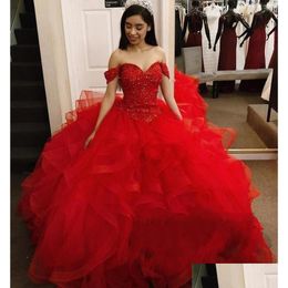 Quinceanera Dresses Classic Red Off Shoder Ball Gown Cascading Ruffles Sweep Train Beads Prom Party Gowns For Sweet 15 Graduation Dr Dh6K0