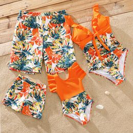 Family Matching Outfits PatPat Swimsuit Orange All Over Tropical Plant Print Splicing Ruffle and Swim Trunks Shorts 230322