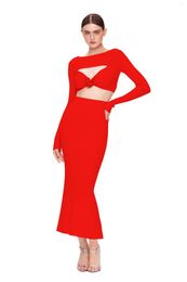 Work Dresses 2023 Autumn Red Colour Sexy Hollow Out Short Top And Midi OverSkirt Suit Women Fashion Evening Dress Celebrity Party Vestido