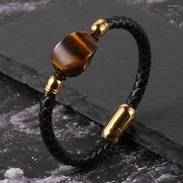 Charm Bracelets Genuine Leather Stainless Steel Buckle Wristband Men Women Gem Stone Tiger Eye Amethysts Bangle Jewellery