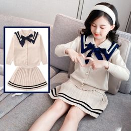 Clothing Sets Girls' Sweater Autumn Western Style Fashion Teen College Striped Knit Pleated Skirt Two piece 230321