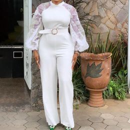 Ethnic Clothing Summer White Jumpsuit Women Fashion Lace Patchwork Long Sleeve Wide Leg Pants Office Lady Robe Africaine Rompers Vestidos