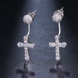 Women Cross Dangle Earrings Tiny Cubic Zircon 18k White Gold Filled Fashion Lady Jewelry Gift