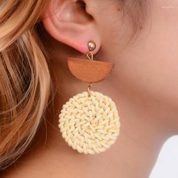 Dangle Earrings Wooden Handmade Rattan With Vintage Retr Round Bamboo Straw For Women
