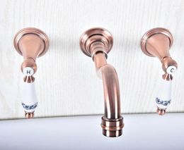 Bathroom Sink Faucets Antique Red Copper Brass Wall Mounted Dual Handles Widespread 3 Holes Basin Tub Faucet Mixer Water Taps Msf508