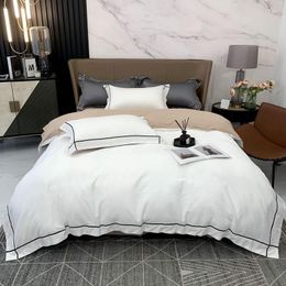 Bedding Sets Luxury Soft Silk Satin Cotton Frame Embroidered Duvet Cover Set Simple Style White Gray With Bed Sheet Pillow Shams