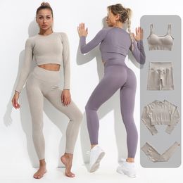 Yoga Outfits 234PCS Set for Women Seamless Workout Gym Wear Fiess Sports Clothes Suits High Waist Leggings Long Sleeve Crop Top L5322