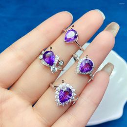 Cluster Rings S925 Sterling Silver Natural Amethyst Ring Accessories Exquisite Luxury Ladies Glamour Party Engagement 7x9mm
