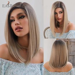 Synthetic Wigs Easihair Brown Ombre Lace Front Wig Synthetic Hair Side Part Frontal Natural for Women Medium Length Daily Use 230227