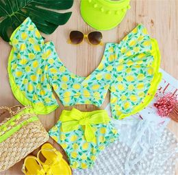 Clothing Sets Kid Girls TwoPiece Bathing Suit Bikini LemonStarfishStripe Baggy Sleeve Swim Tops High Waist Shorts 230322
