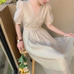 Casual Dresses Dress Women Fashion Elegant Loose French Style Summer Sweet Puff Sleeve High Waist Fairy V-neck Pure Colour Vestido Feminino New G230322