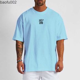 Men's T-Shirts Oversized T shirt Men Loose Drop Shoulders Gym Clothing Bodybuilding Fitness Streetwear Hip-Hop T-shirt Quick Dry Mesh Sport Tee W0322