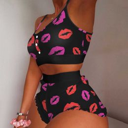 Women's Tracksuits Lips Print Pajamas Women Sleeveless Cami Short Lingerie Sleepwear Set Fashion Sexy Home Ladies Underwear Pajamas Set 2021 P230419